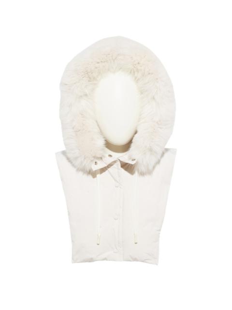 Hooded bib in quilted performance fabric and fox fur