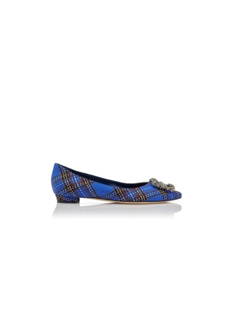 Manolo Blahnik Blue Wool Tartan Jewel Buckle Flat Pumps