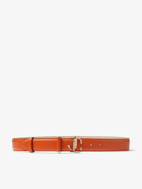 JIMMY CHOO JC-Bar Belt
Amber Orange Soft Shiny Calf Leather Belt with Light Gold JC Emblem