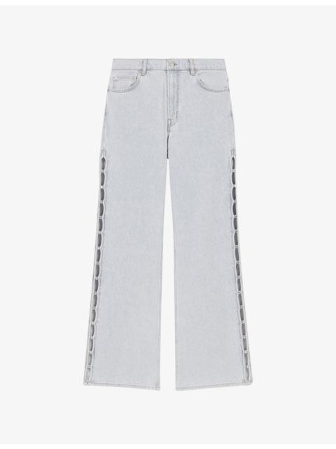 maje Crystal-Embellished Cut-Out Wide-Leg Mid-Rise Stretch-Denim Jeans
