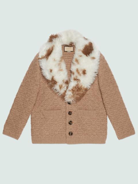 GUCCI Wool knit coat with shearling collar