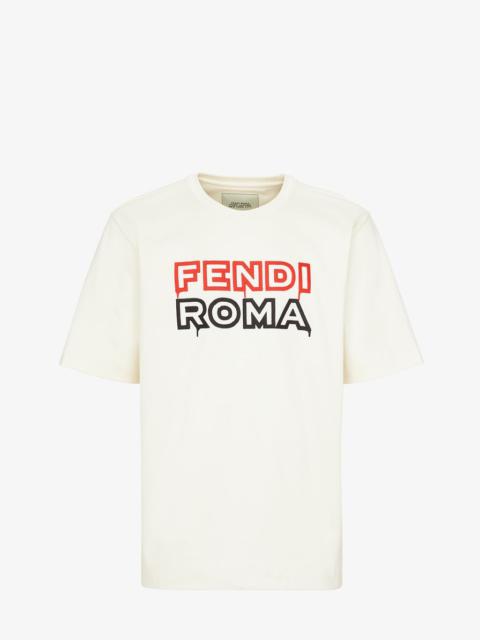 FENDI Short-sleeved, oversize, crew neck T-shirt. Made of white cotton jersey, printed with the Fendi Roma