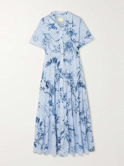 Tiered floral-print cotton-voile midi shirt dress
