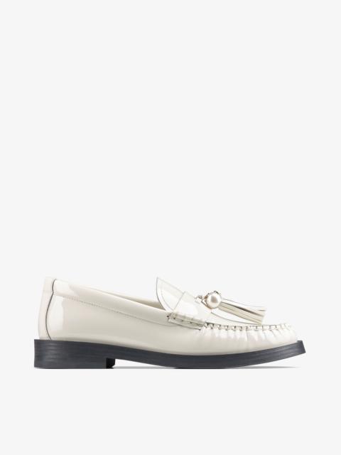 JIMMY CHOO Addie/Pearl
Latte Patent Leather Flat Loafers with Pearl Tassel