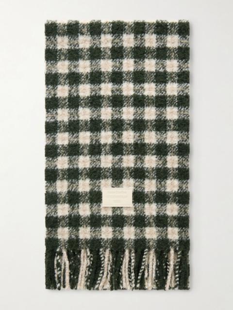 Acne Studios Fringed leather-trimmed checked brushed-knit scarf Dark green