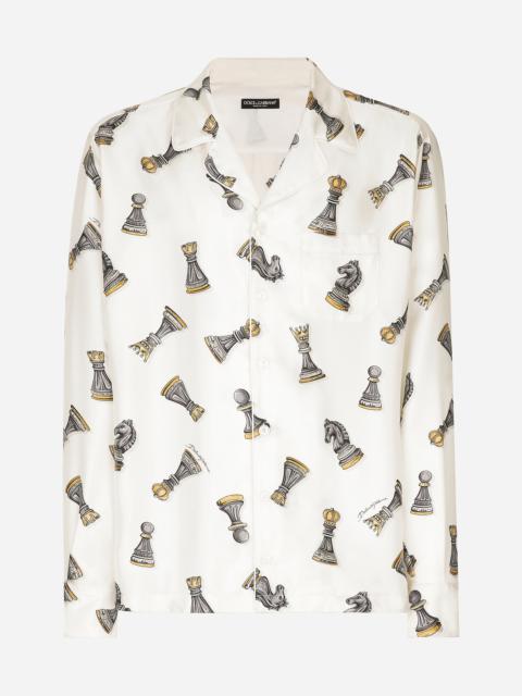 Silk twill shirt with chess-piece print