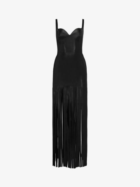 Women's Fringed Leather Pencil Dress in Black