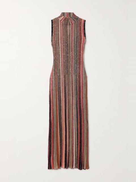 Sequin-embellished striped metallic ribbed-knit maxi dress