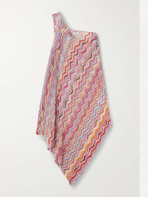 Mare one-shoulder draped asymmetric metallic crochet-knit dress