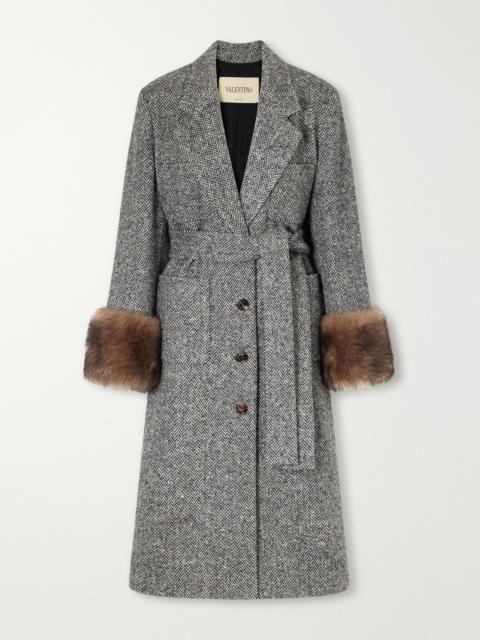 Valentino Belted shearling-trimmed herringbone wool-blend coat Gray