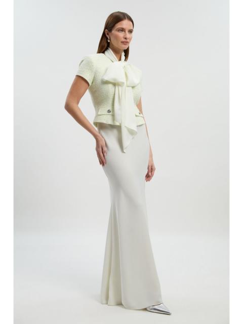 KAREN MILLEN Boucle Tailored Tie Neck Satin Mix Midi Dress