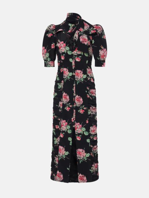 Alessandra Rich ROSE PRINT SILK DRAPED DRESS WITH BOW