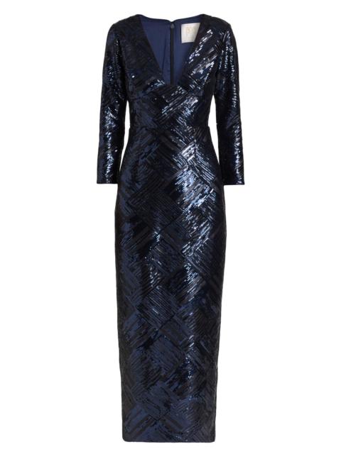 MILLY Women's Jenna Sequined Plunging V-Neck Gown - Navy Black
