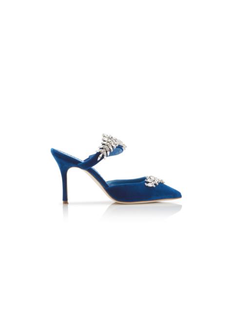 Bright Blue Velvet Crystal Embellished Mules