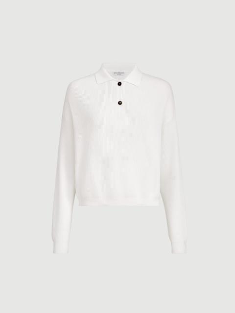 Brunello Cucinelli Cotton English rib knit polo shirt with monili