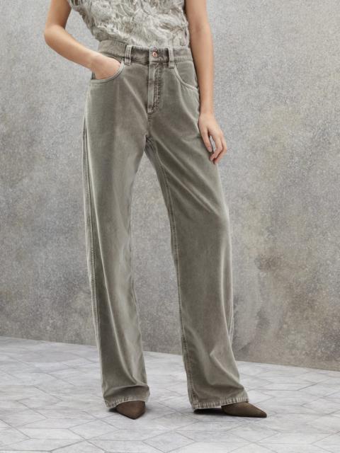 Brunello Cucinelli Garment-dyed five-pocket loose trousers in cotton velvet with monili