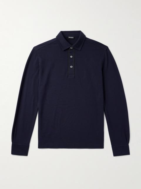 ZEGNA Suede-Trimmed Cotton-Piqué Polo Shirt