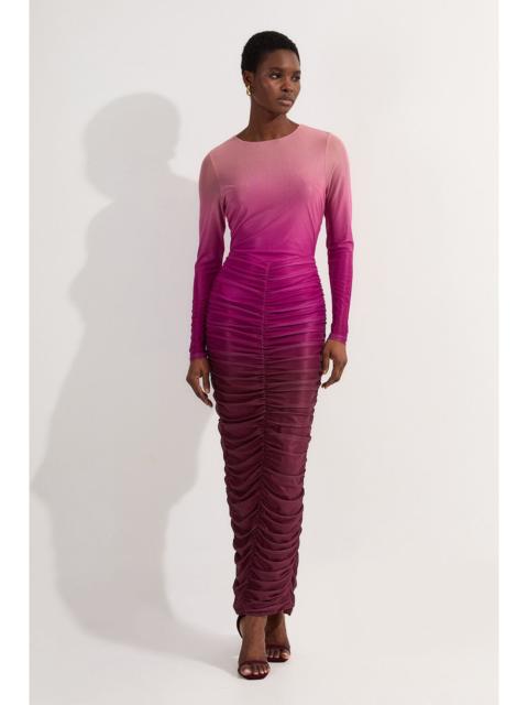 KAREN MILLEN Petite Ombre Printed Mesh Ruched Long Sleeve Midi Dress