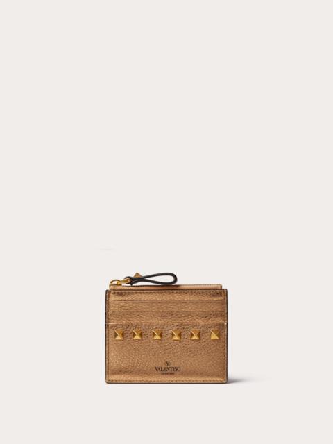 Valentino ROCKSTUD METALLIC GRAINY CALFSKIN CARDHOLDER WITH ZIPPER