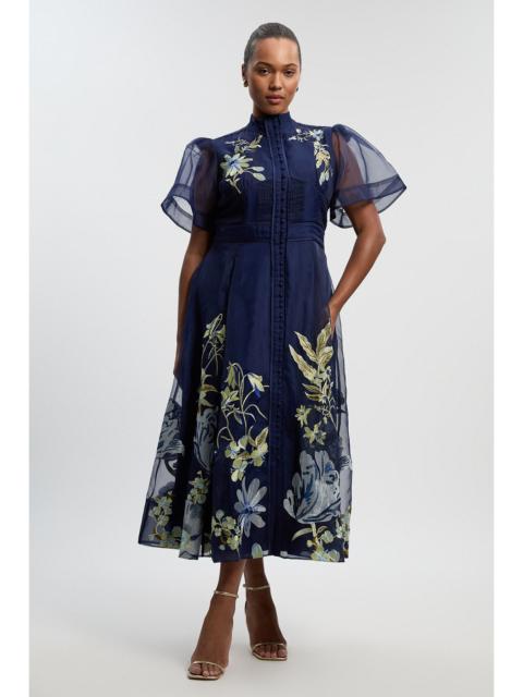 KAREN MILLEN Plus Size Botanical Embroidery Organdie Angel Sleeve Midi Dress
