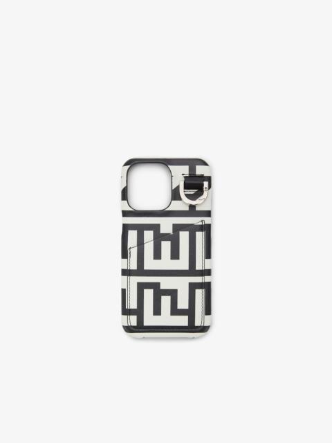 FENDI iPhone® 13 Pro case with ring. Made of leather printed with the Fendi Roma logo in black and white, 