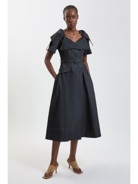 KAREN MILLEN Tailored Denim Trench Belted Full Skirted Midi Dress