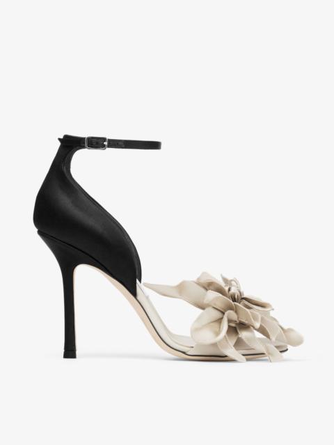 JIMMY CHOO Coko 100 Bone and Black Satin Sandals with Floral Accent