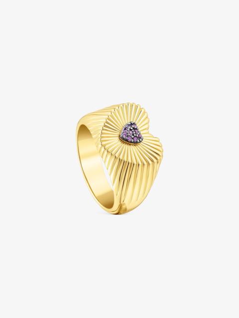 TOUS Silver vermeil heart Signet ring with rhodolite Iris Motif