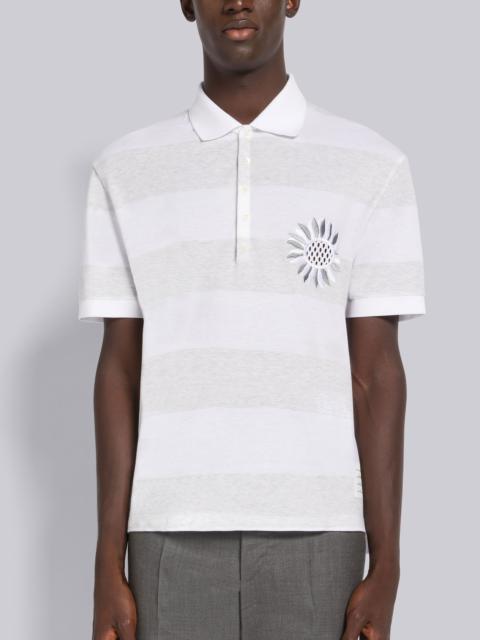 RUGBY STRIPE PIQUE FLOWER EMBROIDERY OVERSIZED SHORT SLEEVE POLO