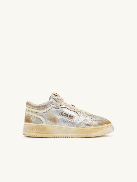 AUTRY MED-WAY SUPER VINTAGE SNEAKERS IN SILVER AND MARSHMALLOW SNAKE-PRINT LEATHER