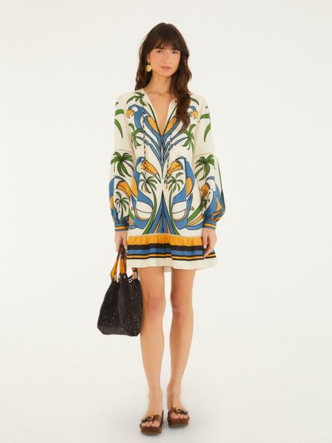 FARM RIO Sand Tropical Graphic Lace Ruffled Mini Dress