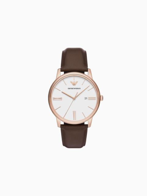 EMPORIO ARMANI Three-Hand Date Brown Leather Watch