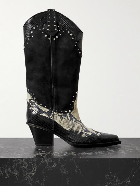 PARIS TEXAS American Flame Snake-effect Leather Embellished Suede Cowboy Boots