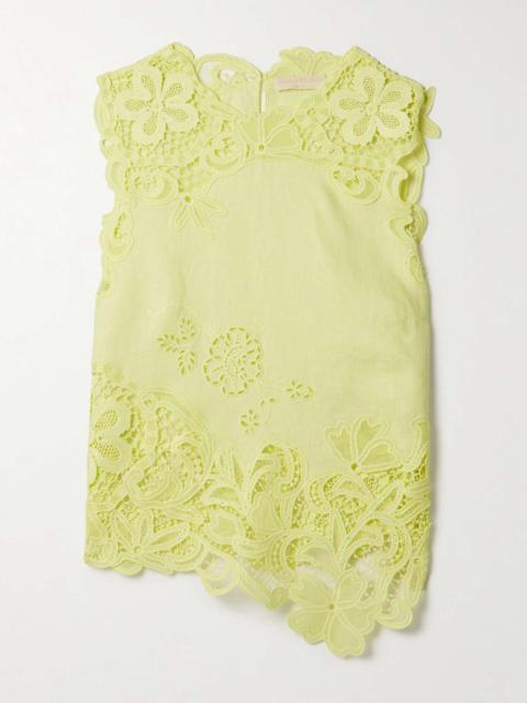 ULLA JOHNSON Marlis guipure lace-paneled linen top Chartreuse
