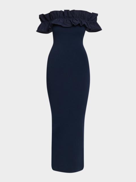 ESSENTIEL ANTWERP Ruffled Off-The-Shoulder Knit Midi Dress