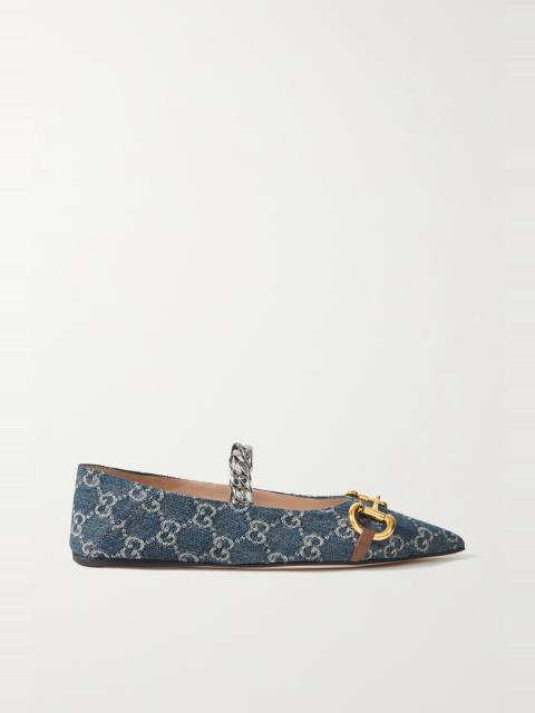 GUCCI + NET SUSTAIN Deva embellished logo-jacquard organic denim collapsible-heel point-toe flats