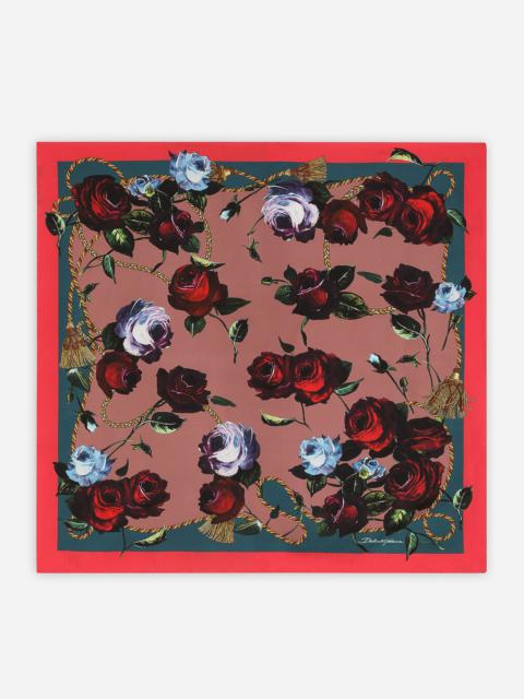 Twill scarf with vintage rose print (70 x 70)