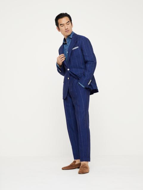 Linen wide chalk stripe Leisure suit: deconstructed jacket and double-pleated trousers with tabbed w