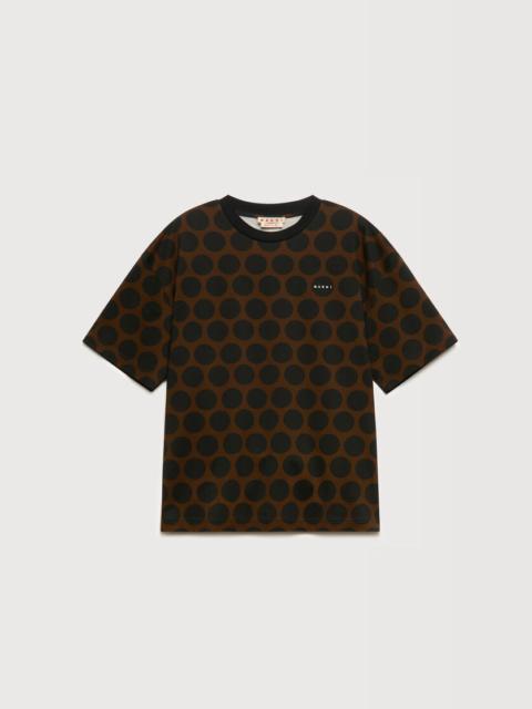 Marni BROWN COTTON T-SHIRT WITH POLKA RHYTHM PRINT