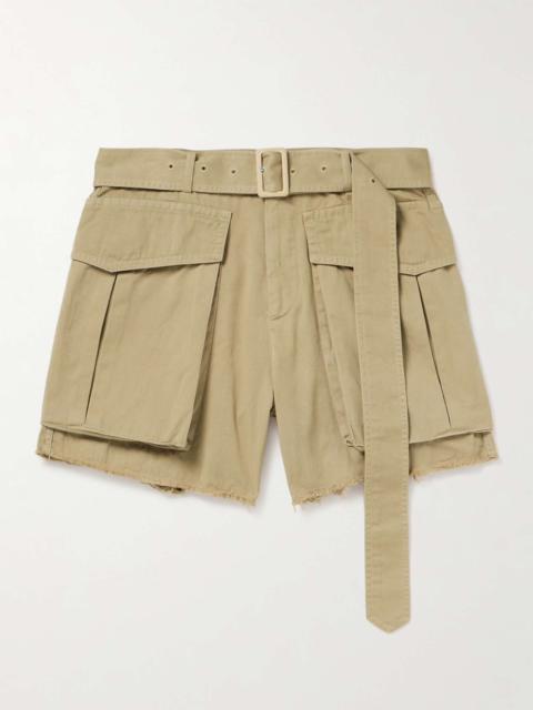 Dries Van Noten Straight-Leg Belted Frayed Cotton-Gabardine Cargo Shorts
