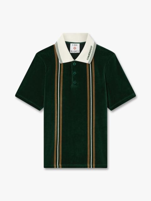 CASABLANCA Green & Brown Stripe Velour Short Sleeve Polo Shirt