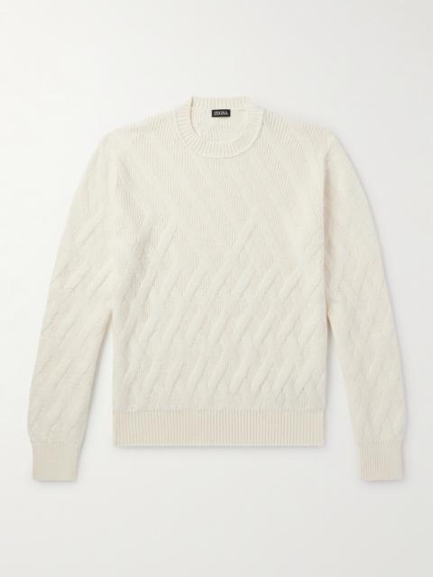 ZEGNA Logo-Appliquéd Leather-Trimmed Basketweave Cotton Sweater