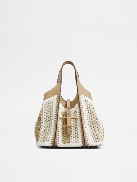 Tod's T TIMELESS SHOPPING BAG IN RAFFIA AND LEATHER MINI - BEIGE, WHITE