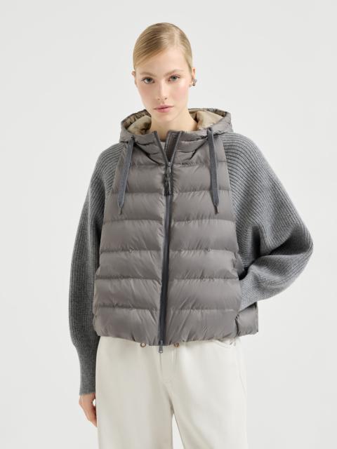 Brunello Cucinelli Water-resistant matte nylon hooded down jacket with monili and sleeves in virgin wool, cashmere and 