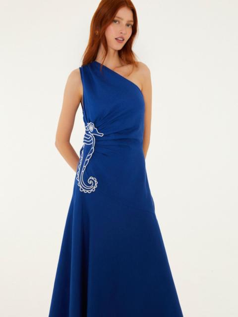 FARM RIO Blue Seahorse Embroidery One-Shoulder Euroflax Premium Linen Maxi Dress