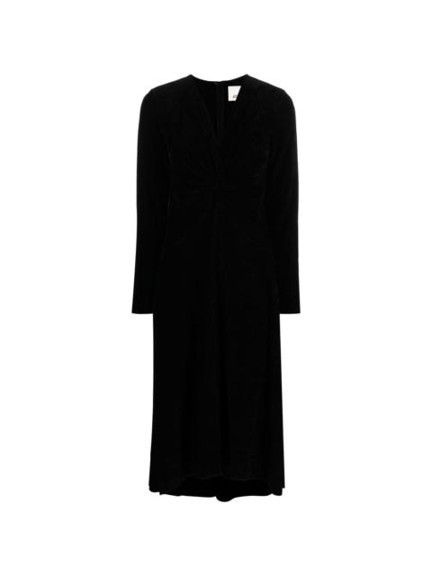 long-sleeved V-neck midi dress