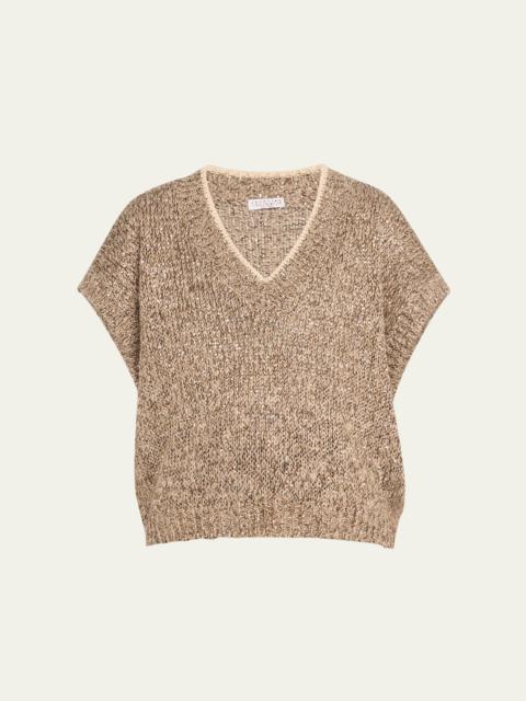 Brunello Cucinelli V-Neck Paillette Tweed Knit Crop Vest