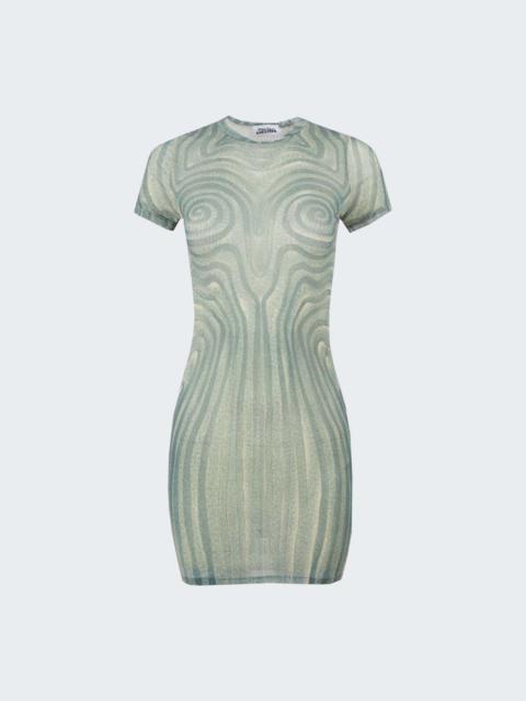 Jean Paul Gaultier Short Mesh Spiral Dress Ecru And Aqua