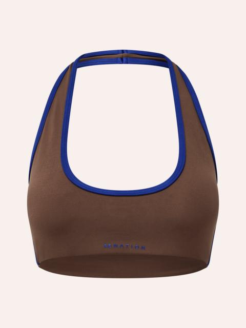 P.E NATION RADAR HALTER SPORTS BRA IN MOCHA