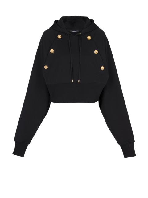 Balmain Eco-responsible cropped cotton sweatshirt with gold buttons